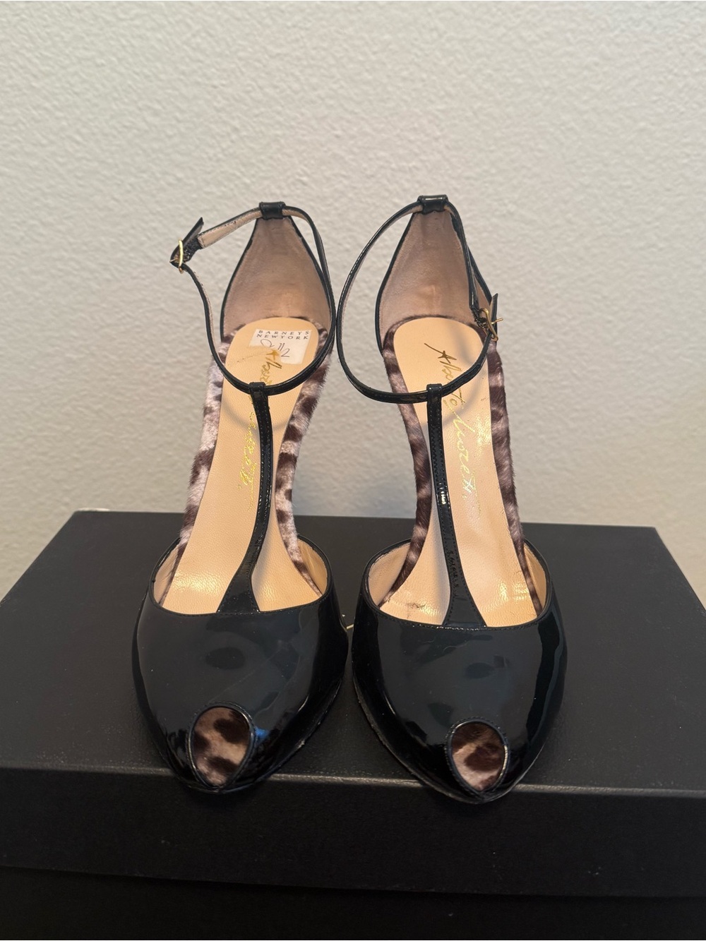 Alberto Mozeti Black Patent T-Strap Heels with Leopard Lining